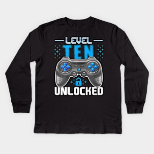 Level 10 Unlocked Video Gamer 10th Birthday Gamer Kids Long Sleeve T-Shirt